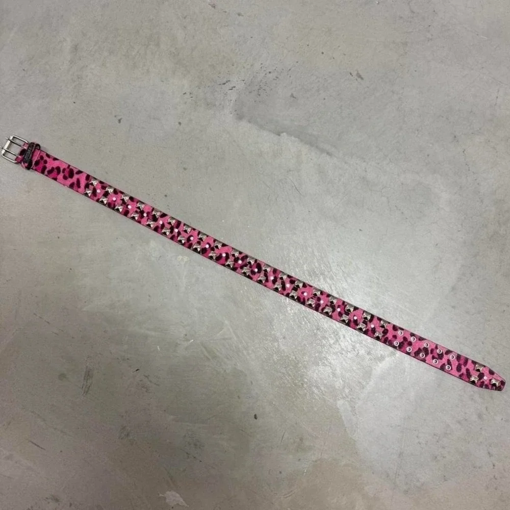 Vintage y2k Women's Pink Guess Cheetah Print Studded Leather Belt